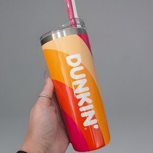 New DUNKIN 2023 - STAINLESS STEEL CUP 20 OZ.  TRAVEL TUMBLER•RETRO Orange & Pink